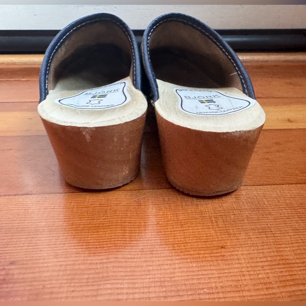 Wooden Blue Leather Clogs - Picture 3 of 5
